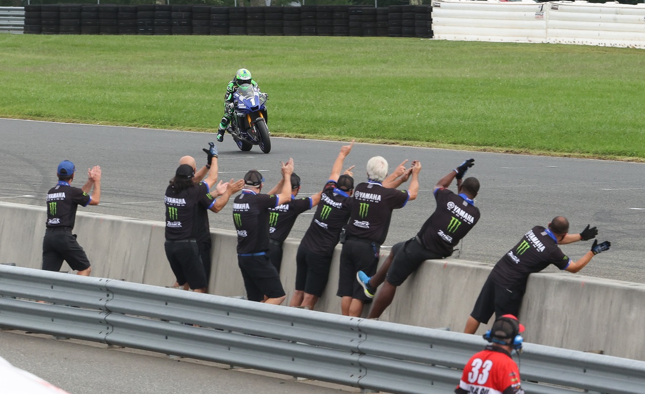 Attack Performance Yamaha team cheers a Cameron Beaubier win
