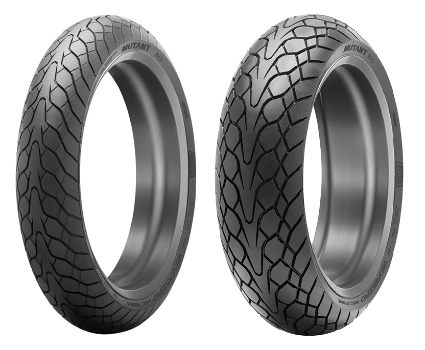 studio photos of front and rear Dunlop Mutant tires with complex tread pattern