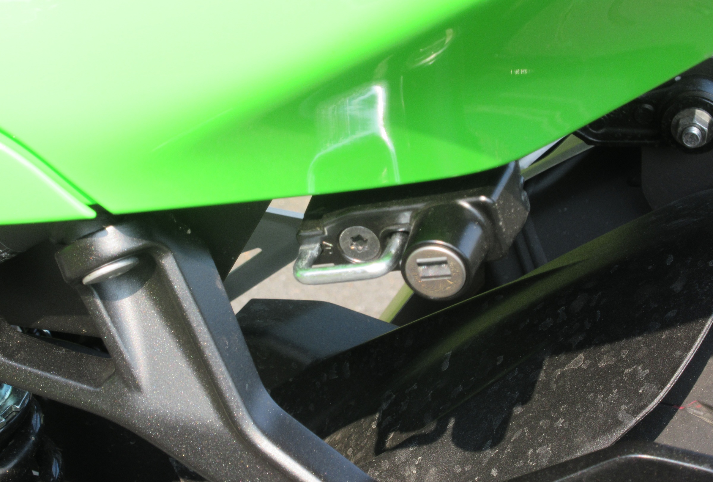 close view of key operated helmet lock on the Ninja
