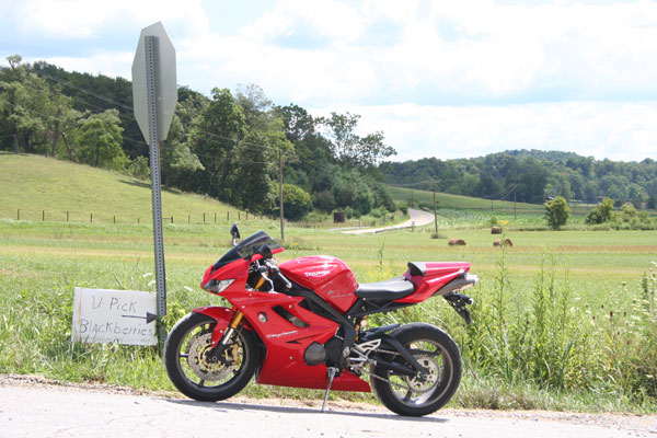 red Triumph Daytona 675 parked by the sign for U-pick strawberries with a curving road in the distance