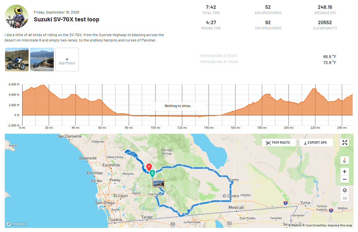 map of day-long test ride on the Suzuki SV-7GX