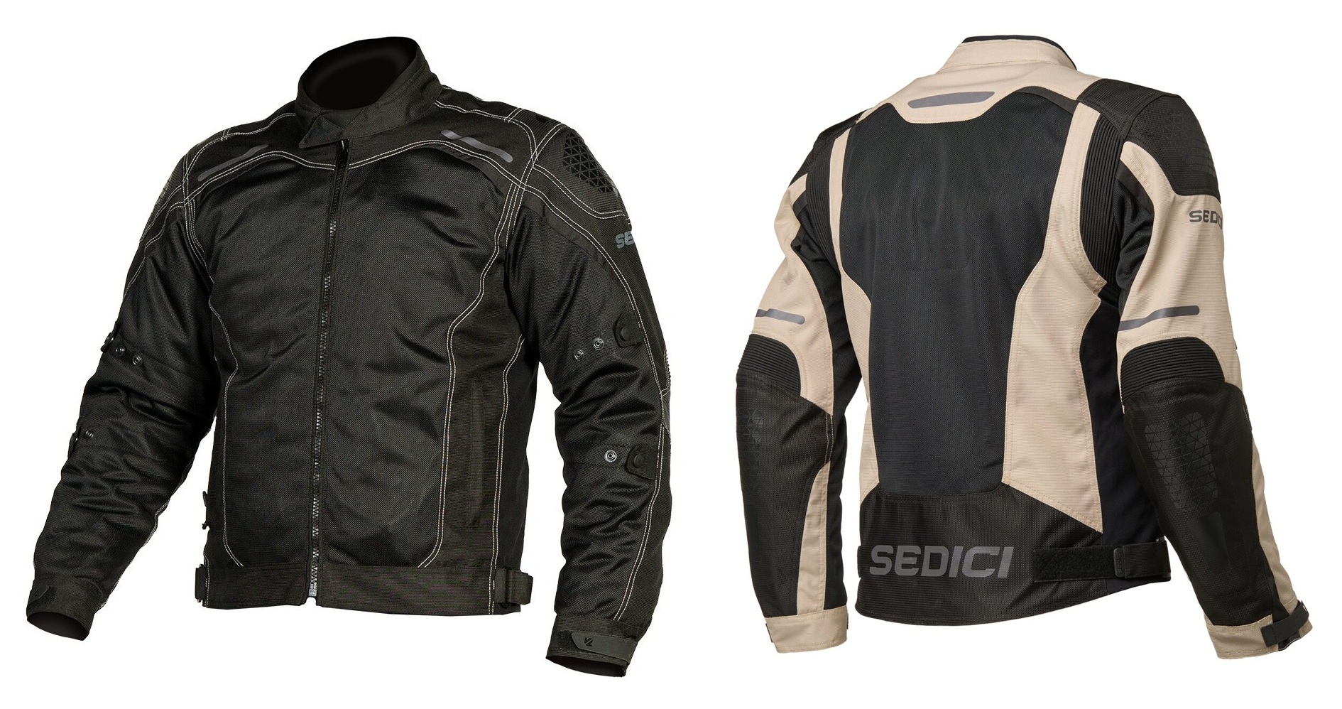 studio images of the jacket in black with white stitching and black and sand color