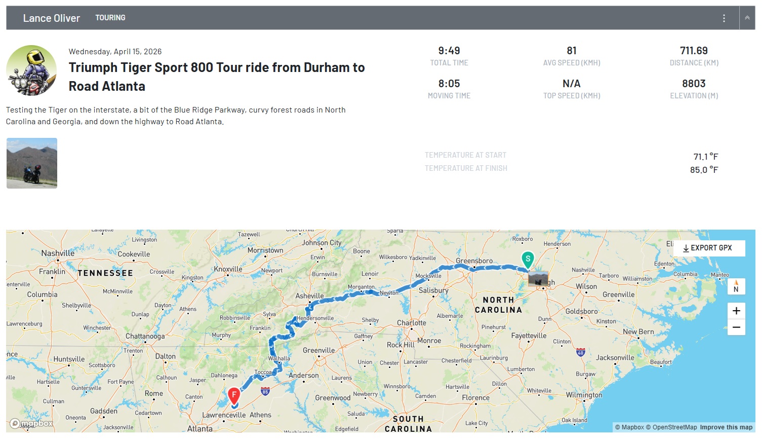 REVER map of a long day ride from Durham, N.C., to Michelin Raceway Road Atlanta in Georgia