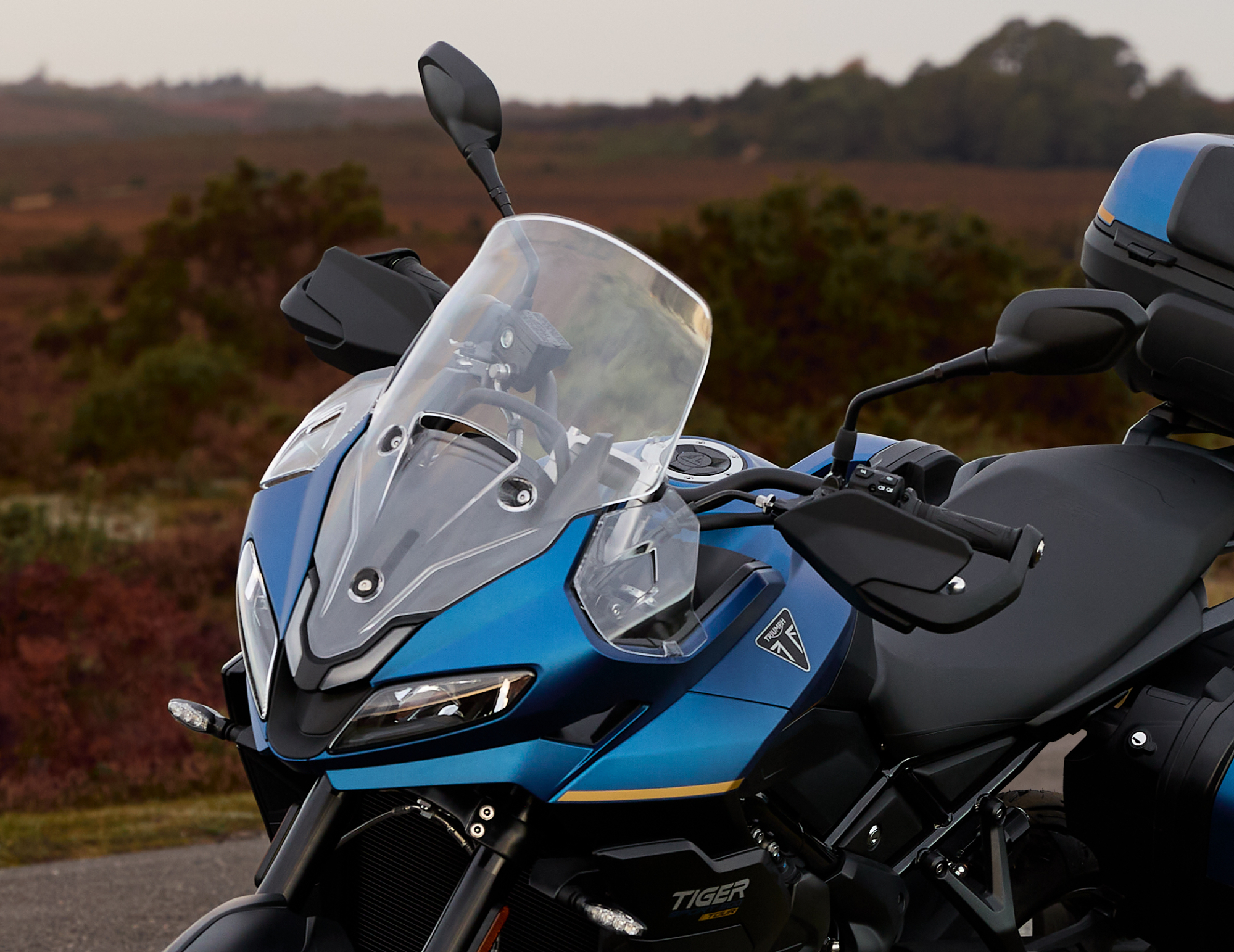front view of the headlights and fairing on the blue Tiger Sport 800 Tour