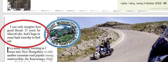 clip of a portion of an article from the October 2005 issue of American Motorcyclists magazine