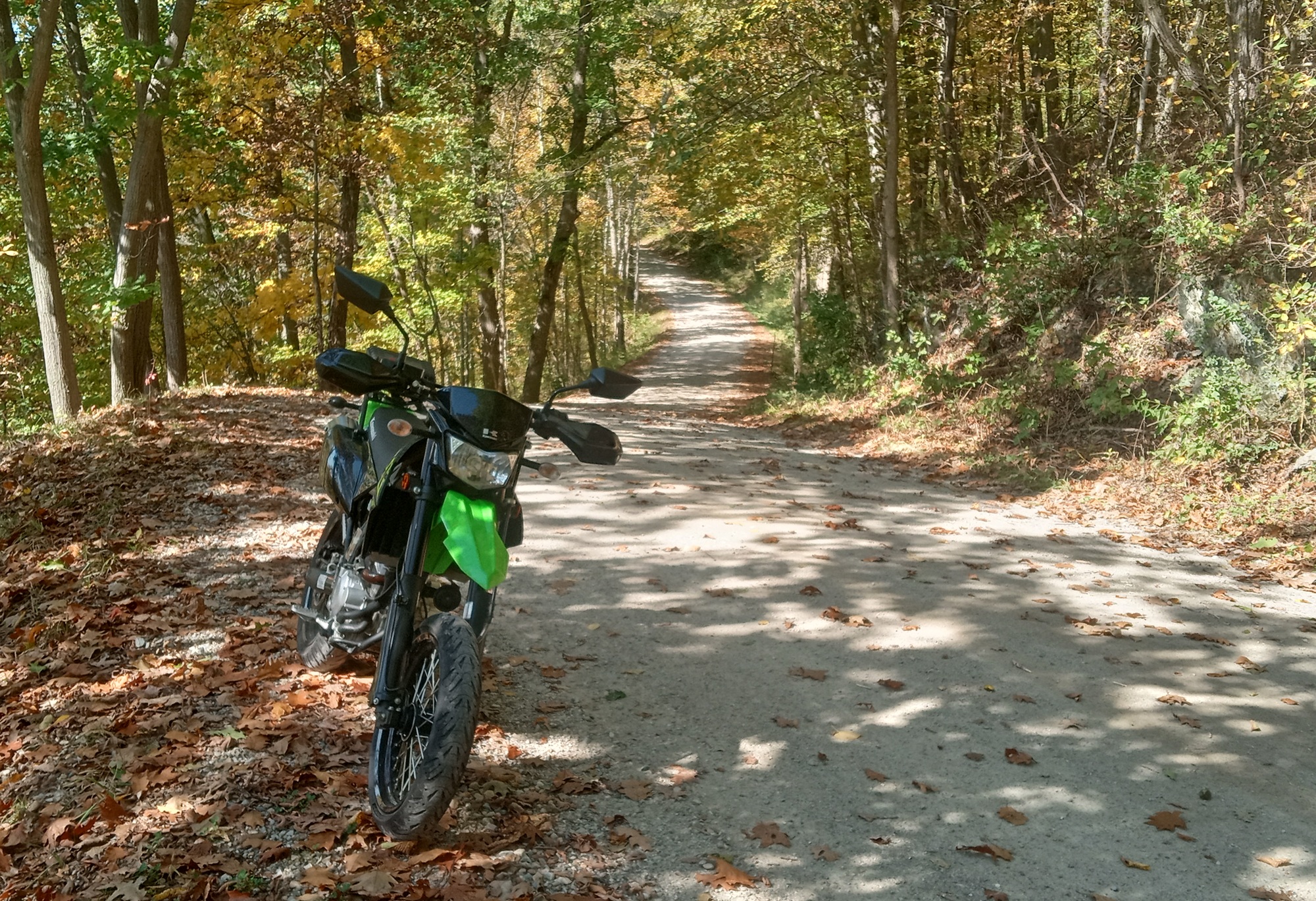 the KLX300SM parked along a narrow dirt road on a hillside in a forest